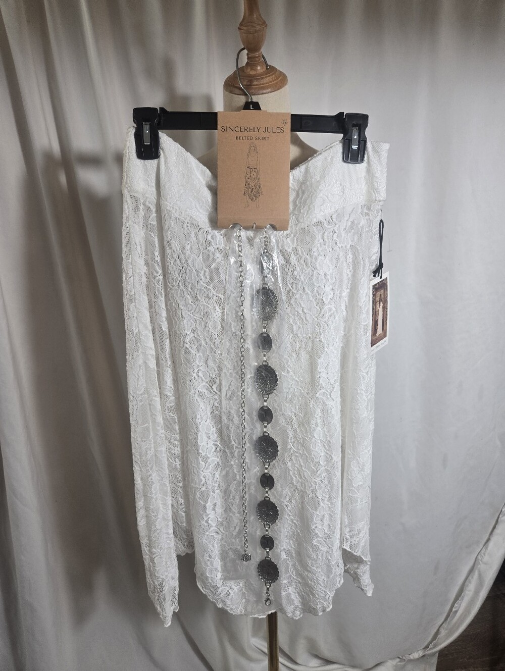 Sincerely Jules White Lace Sheer Midi Skirt With Belt NWT